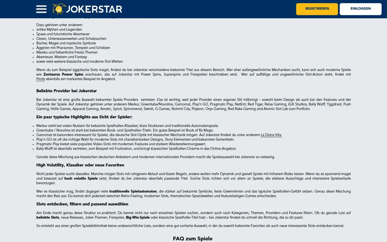 Spielelobby von Jokerstar